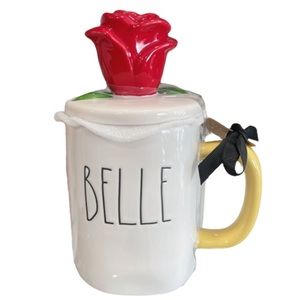 🆕 Rae Dunn x Disney Beauty and the Beast BELLE mug with rose lid topper, NWT